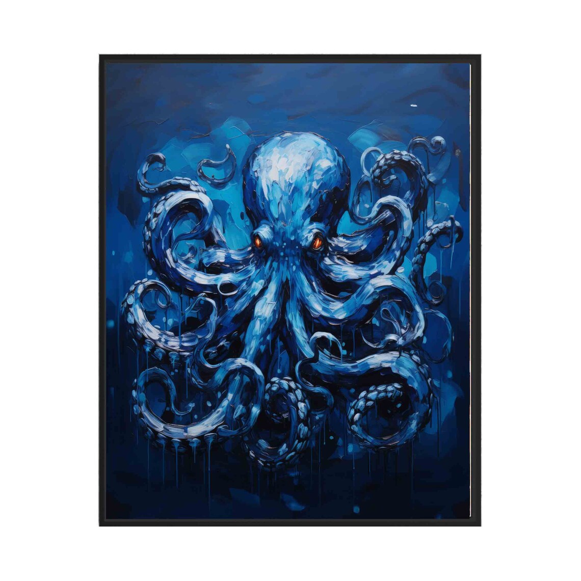 Deep Blue Octopus With Red Eyes Underwater Oil Paint Art Poster