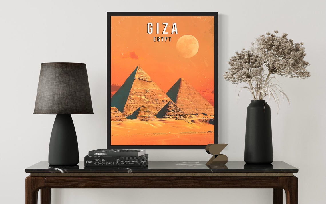 Giza Egypt Pyramids Glowing Under Orange Moon Retro Travel Poster - Image 2