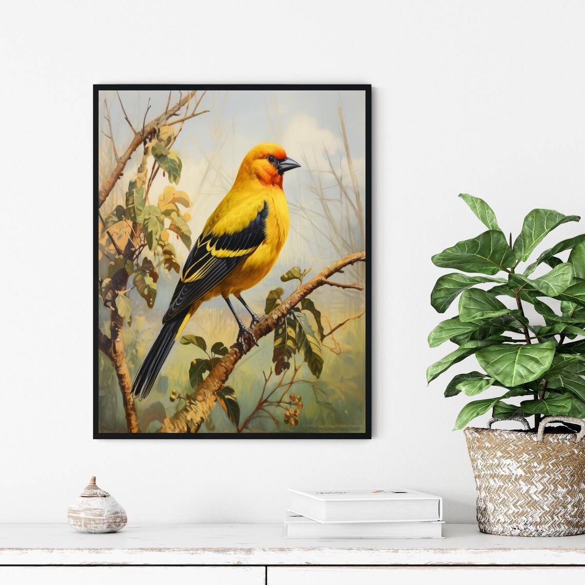 Eurasian Golden Oriole Perched Branch Poster Vintage Bird Painting Art - Image 2