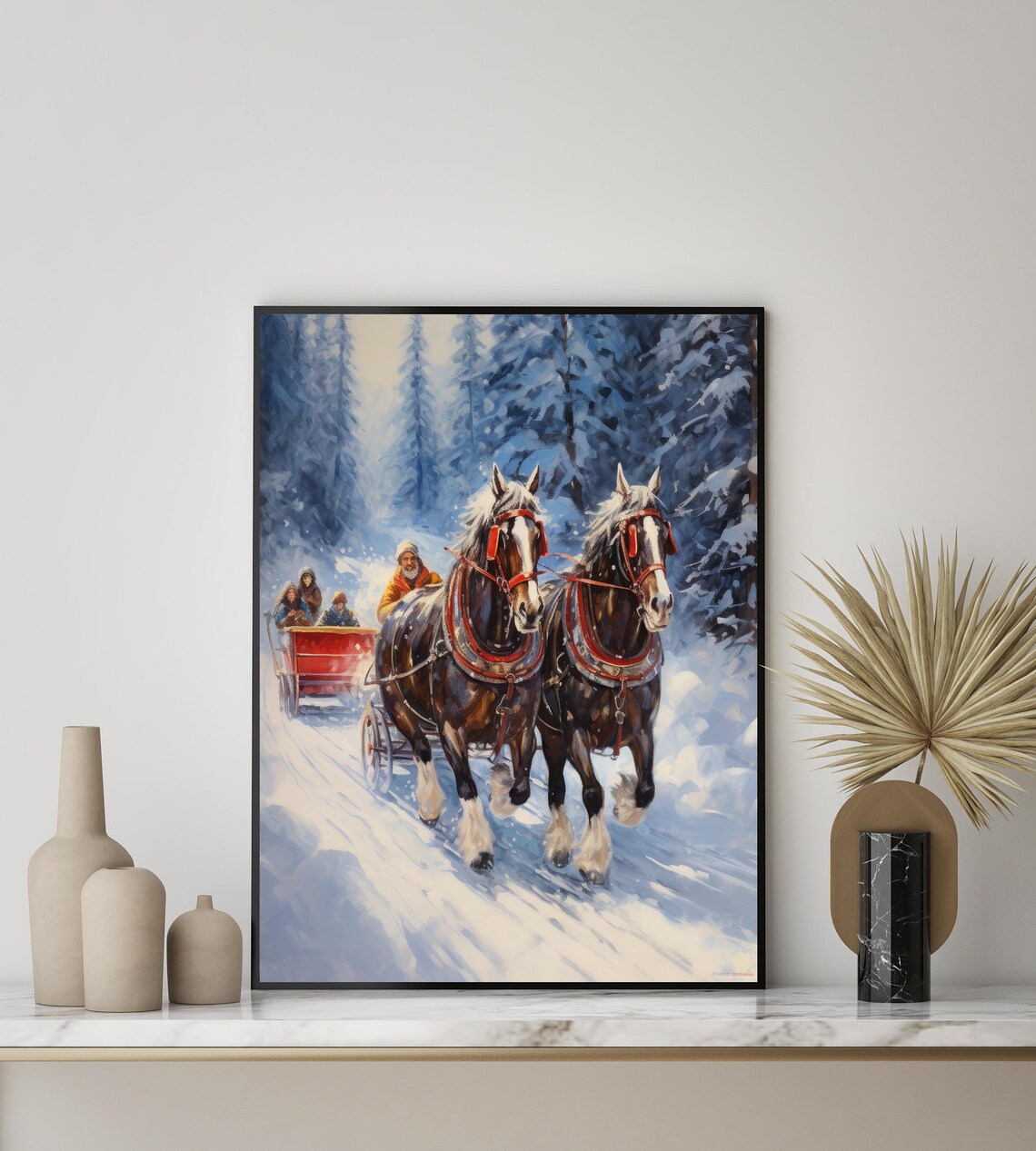 Horse Drawn Sleigh Ride Through a Snowy Winter Forest Painting Poster - Image 2