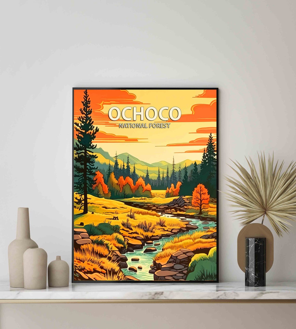 Ochoco National Forest Sunset Meadow Stream Retro Landscape Poster - Image 3