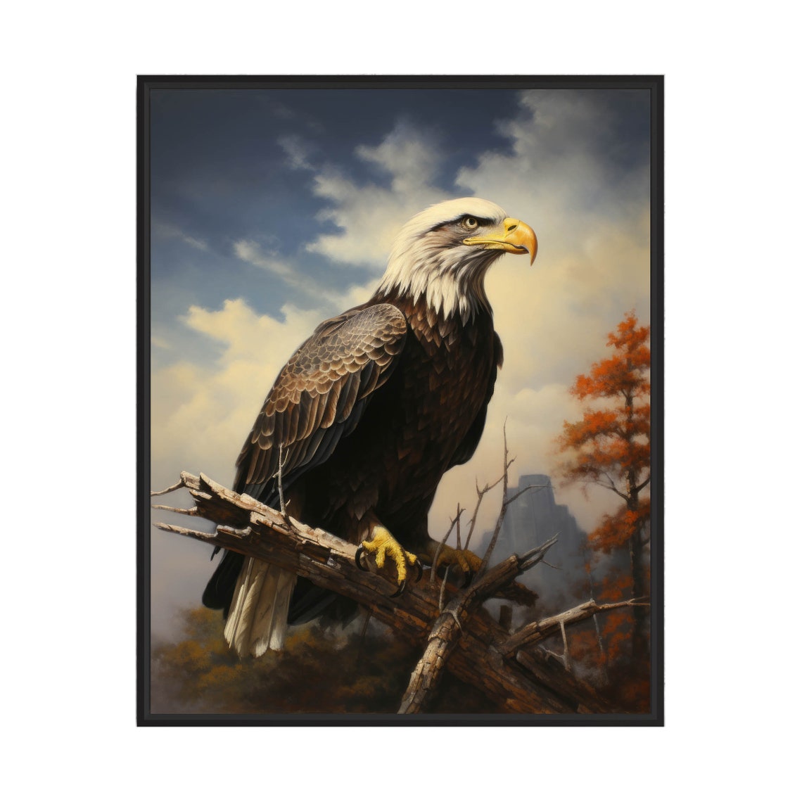 Majestic Bald Eagle on a Branch Against a Dramatic Sky Bird Poster