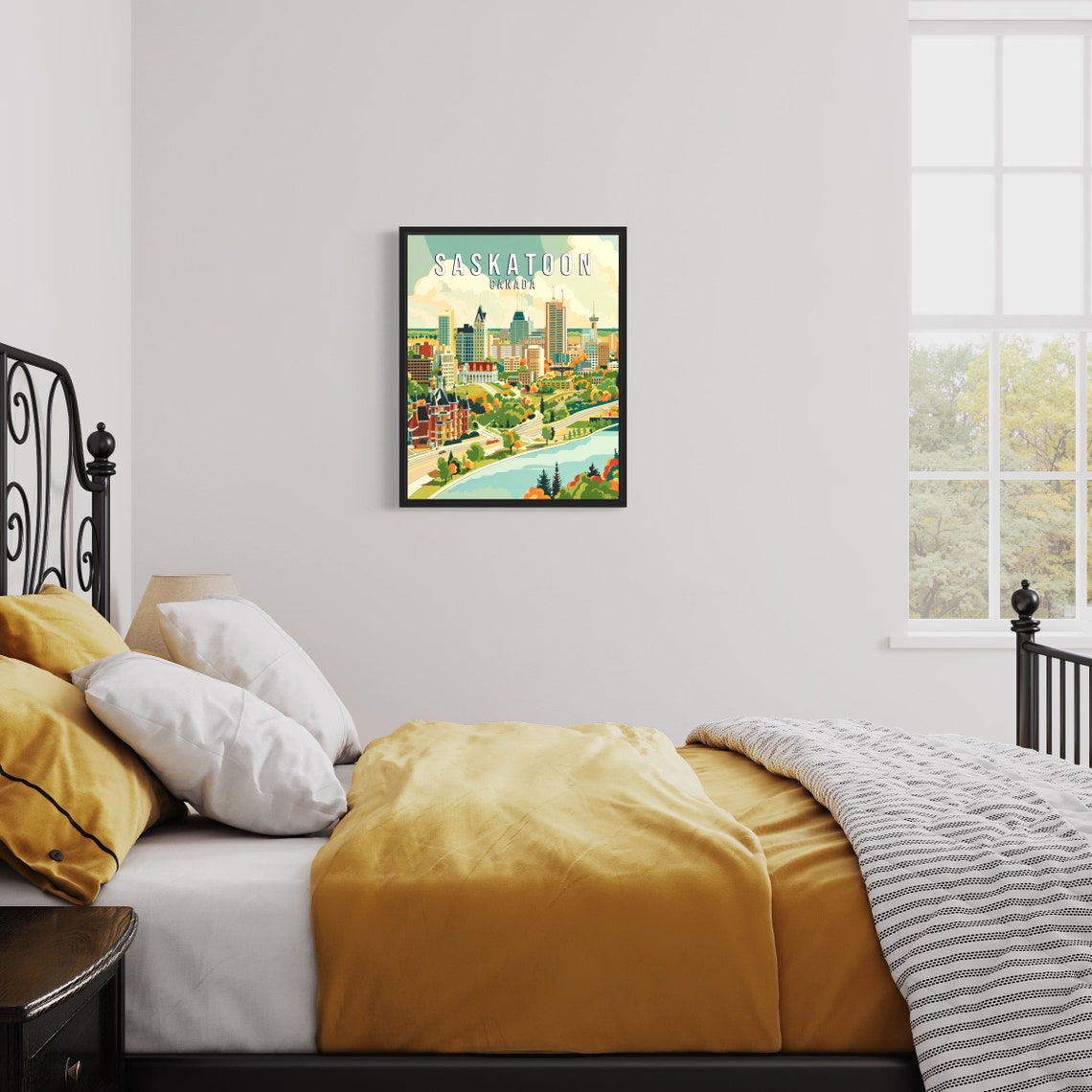 Saskatoon Canada Riverfront Skyline Vintage Style Travel Poster - Image 3