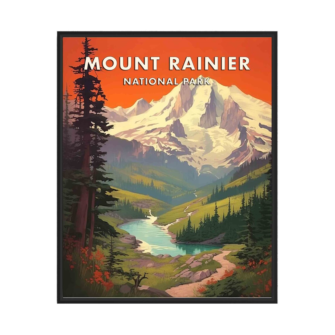 Mount Rainier National Park Retro Mountain Landscape Travel Poster Art