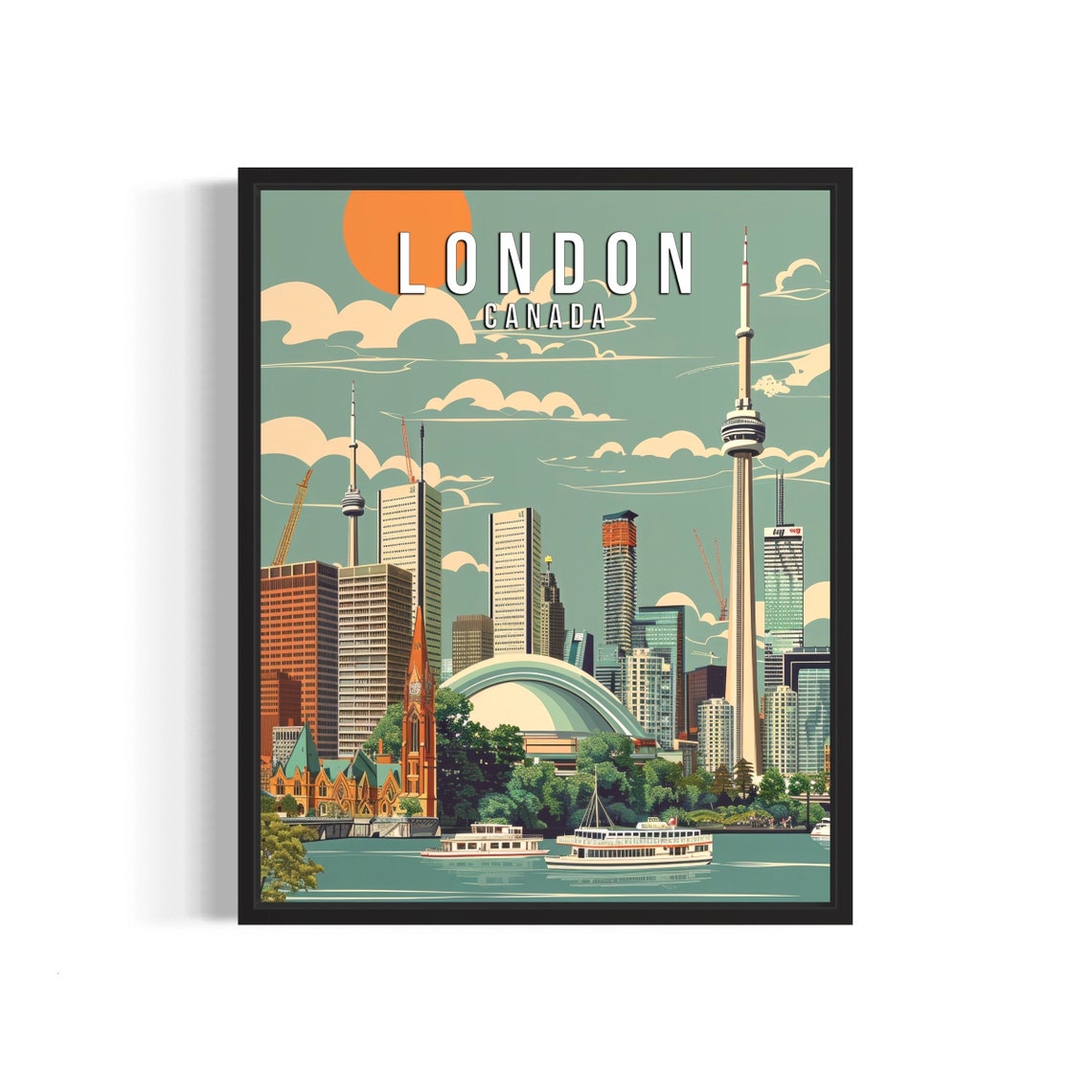 London Canada Retro Skyline With Tower and Harbor Ferries Poster