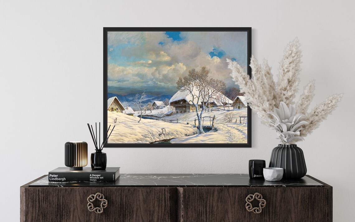 Alpine Farmhouse Village in Snow Vintage Winter Painting Poster - Image 2