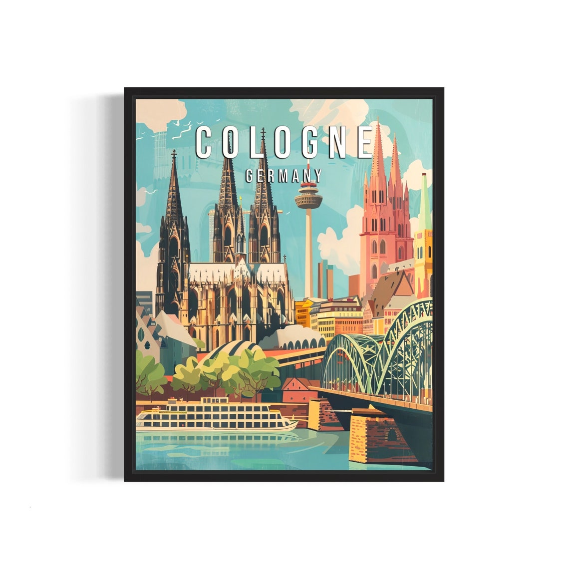 Cologne Germany Cathedral Rhine River Bridge Illustrated Poster