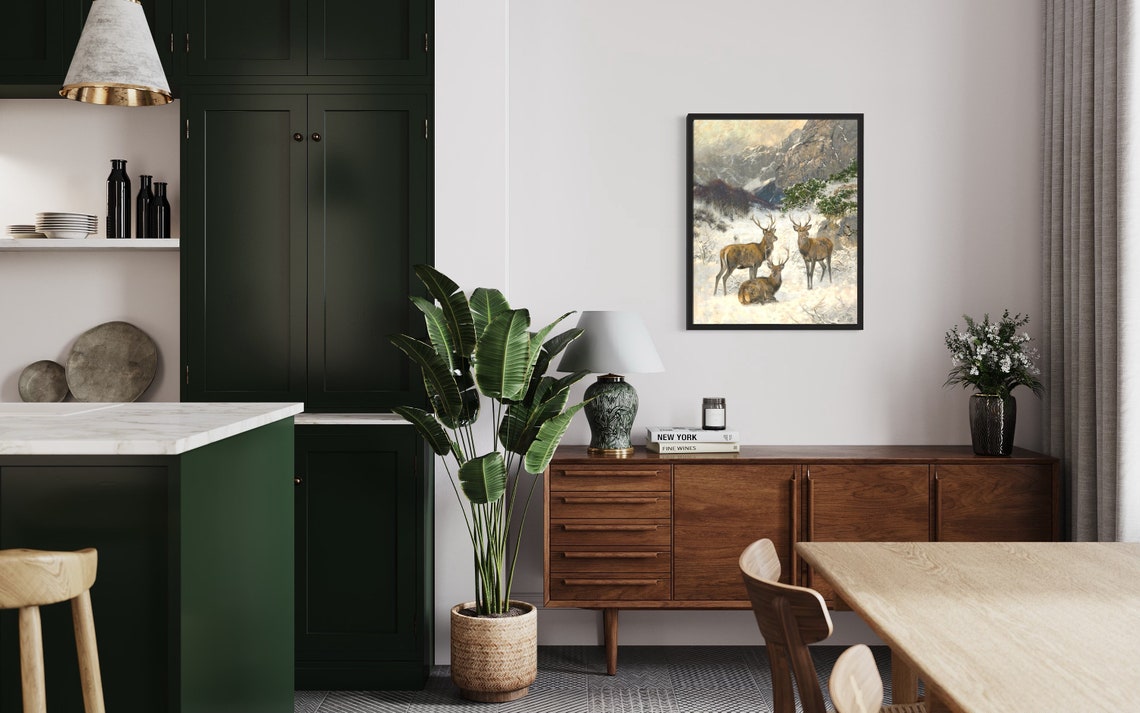 Red Deer Stags Resting Winter Snow Mountain Vintage Art Poster - Image 3