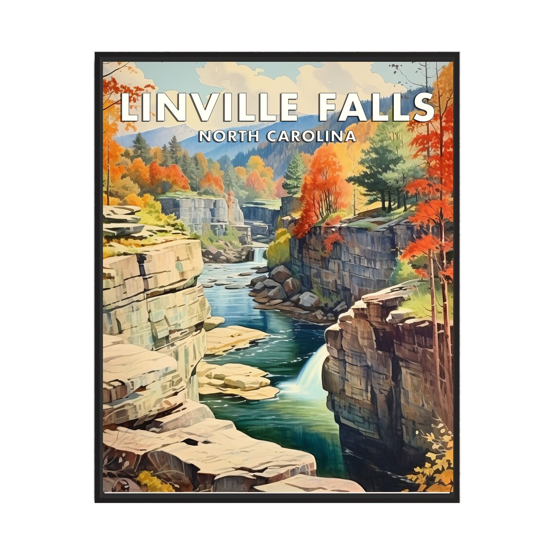 Linville Falls North Carolina Autumn Gorge Vintage Travel Poster