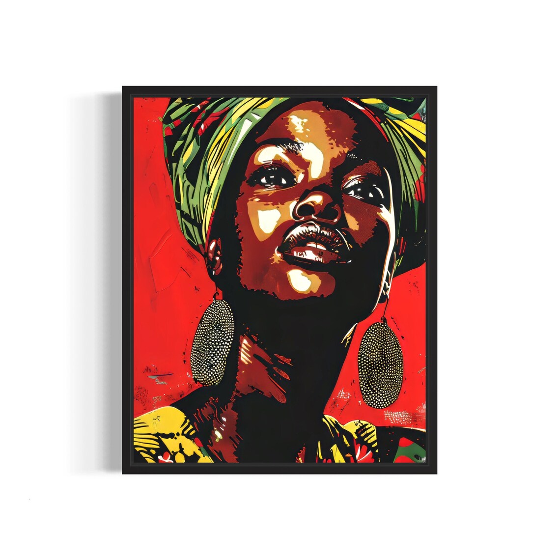 African Woman In Colorful Headwrap Against Red Pop Art Poster