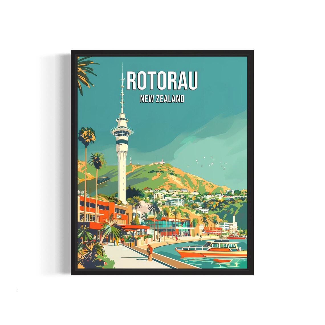 Rotorau New Zealand Waterfront Poster With Tower Over The Marina Bay