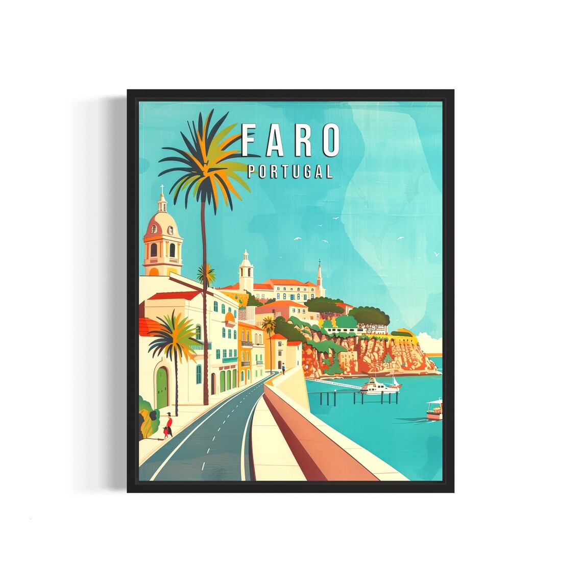 Faro Portugal Palm Lined Waterfront Promenade and Cliffs Poster