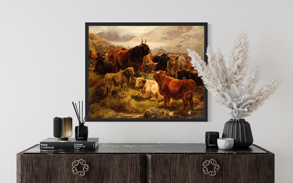Highland Cattle Herd By Loch Steamer Scotland Vintage Art Poster - Image 3