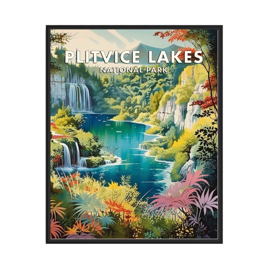 Plitvice Lakes National Park Turquoise Falls Vintage Travel Poster