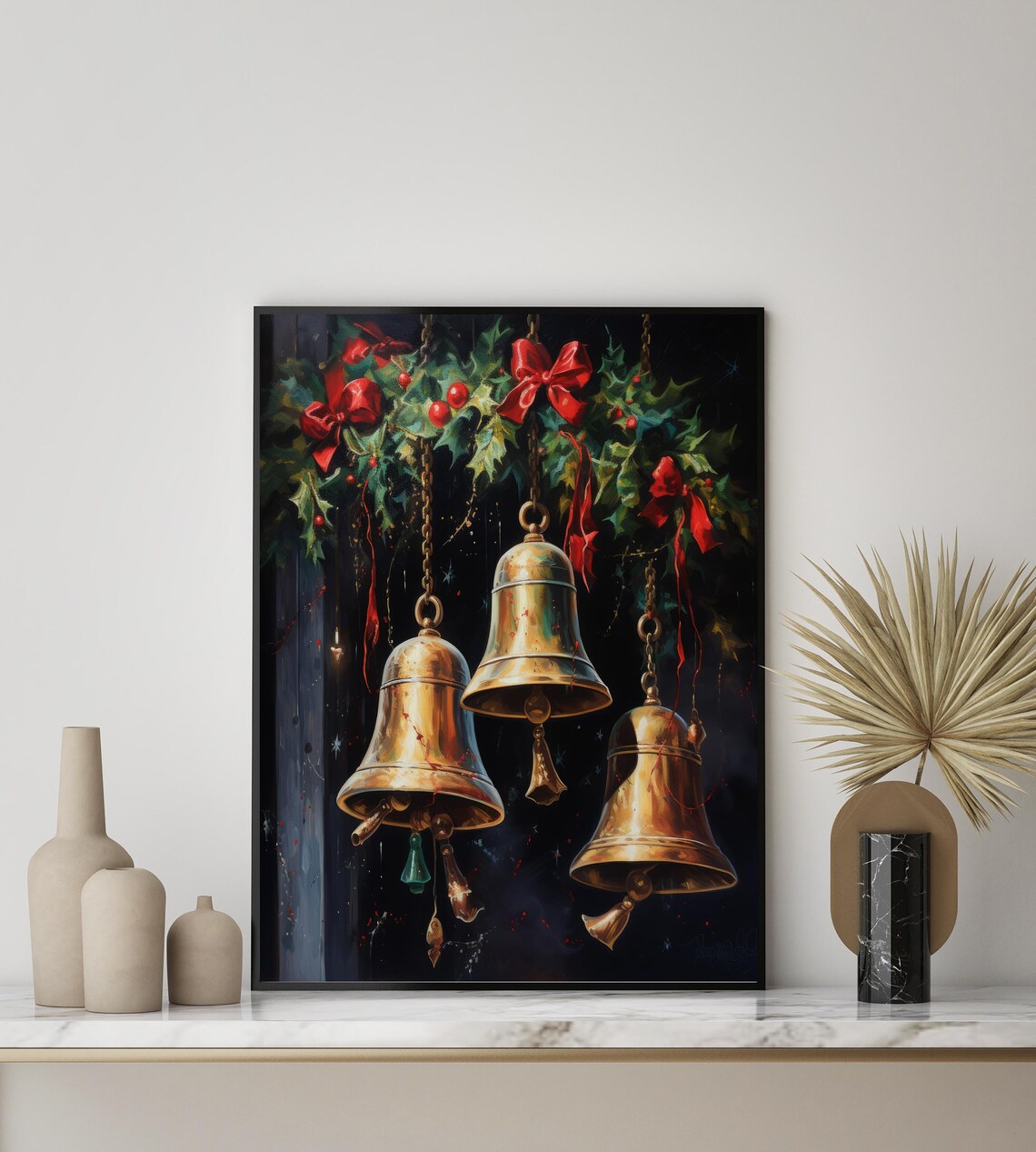 Three Antique Hanging Brass Christmas Bells with Holly Poster Art - Image 2