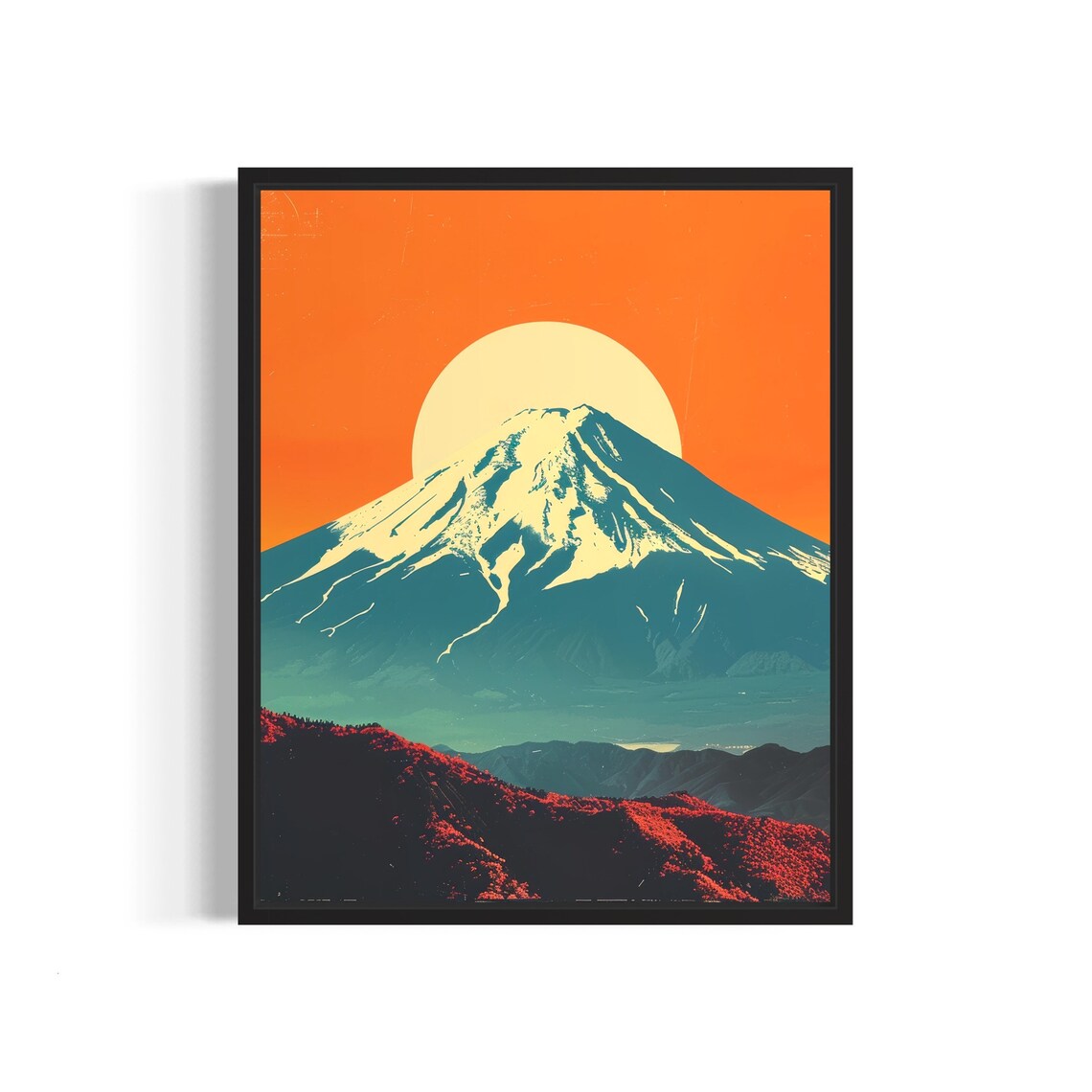 Mount Fuji Snow Capped Peak Bold Orange Sun Modern Japanese Poster