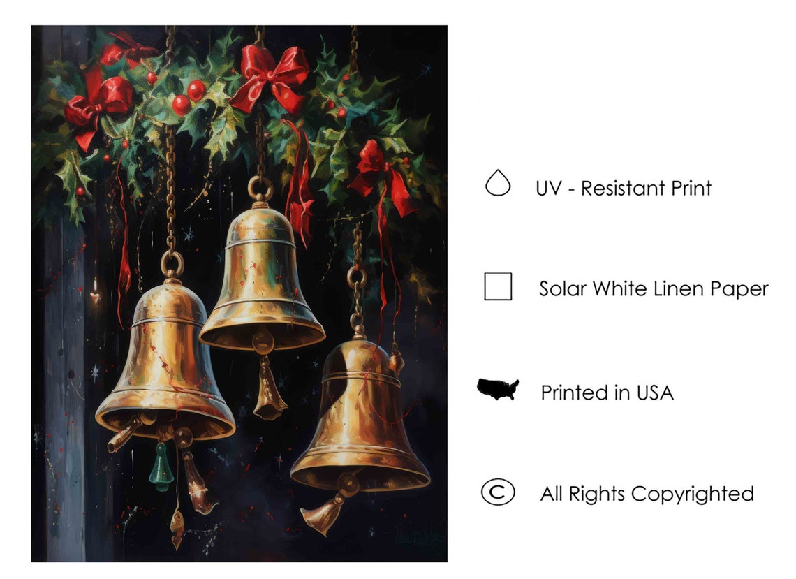 Three Antique Hanging Brass Christmas Bells with Holly Poster Art - Image 3