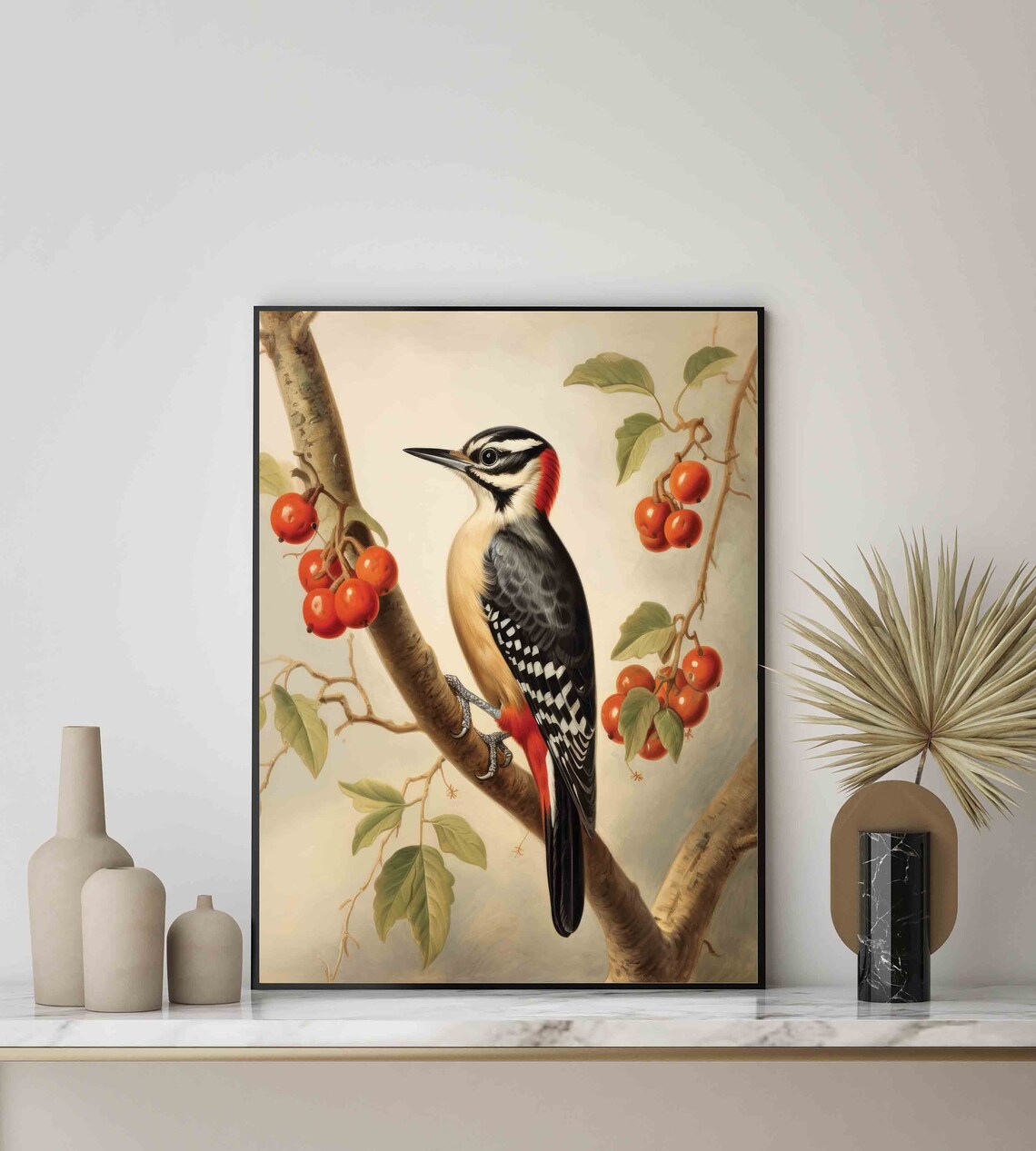 Spotted Woodpecker With Red Berries Vintage Style Bird Painting Poster - Image 2