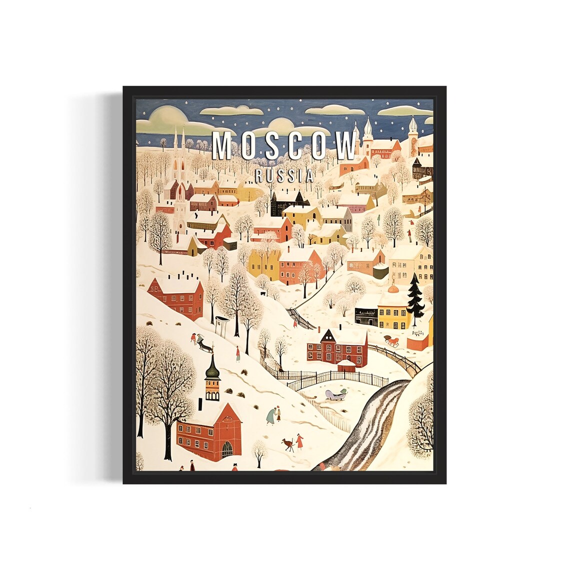 Moscow Russia Snowy Winter Village in Folk Art Style Travel Poster