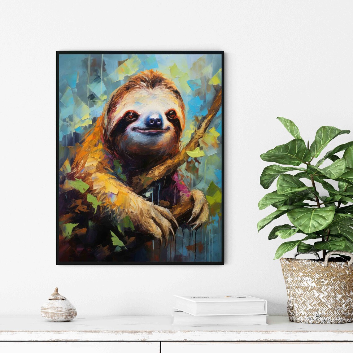 Smiling Sloth Abstract Oil Painting Colorful Jungle Art Poster - Image 3