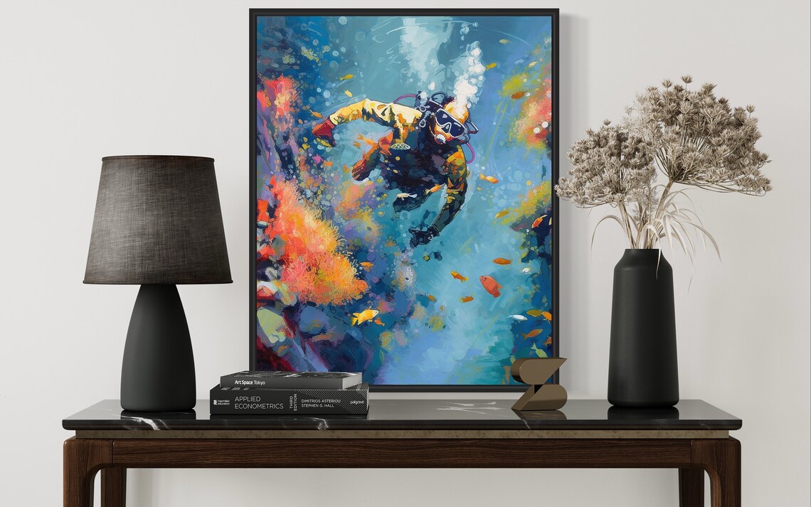 Scuba Diver Coral Reef Abstract Painting Poster Ocean Diving Sea Art - Image 2