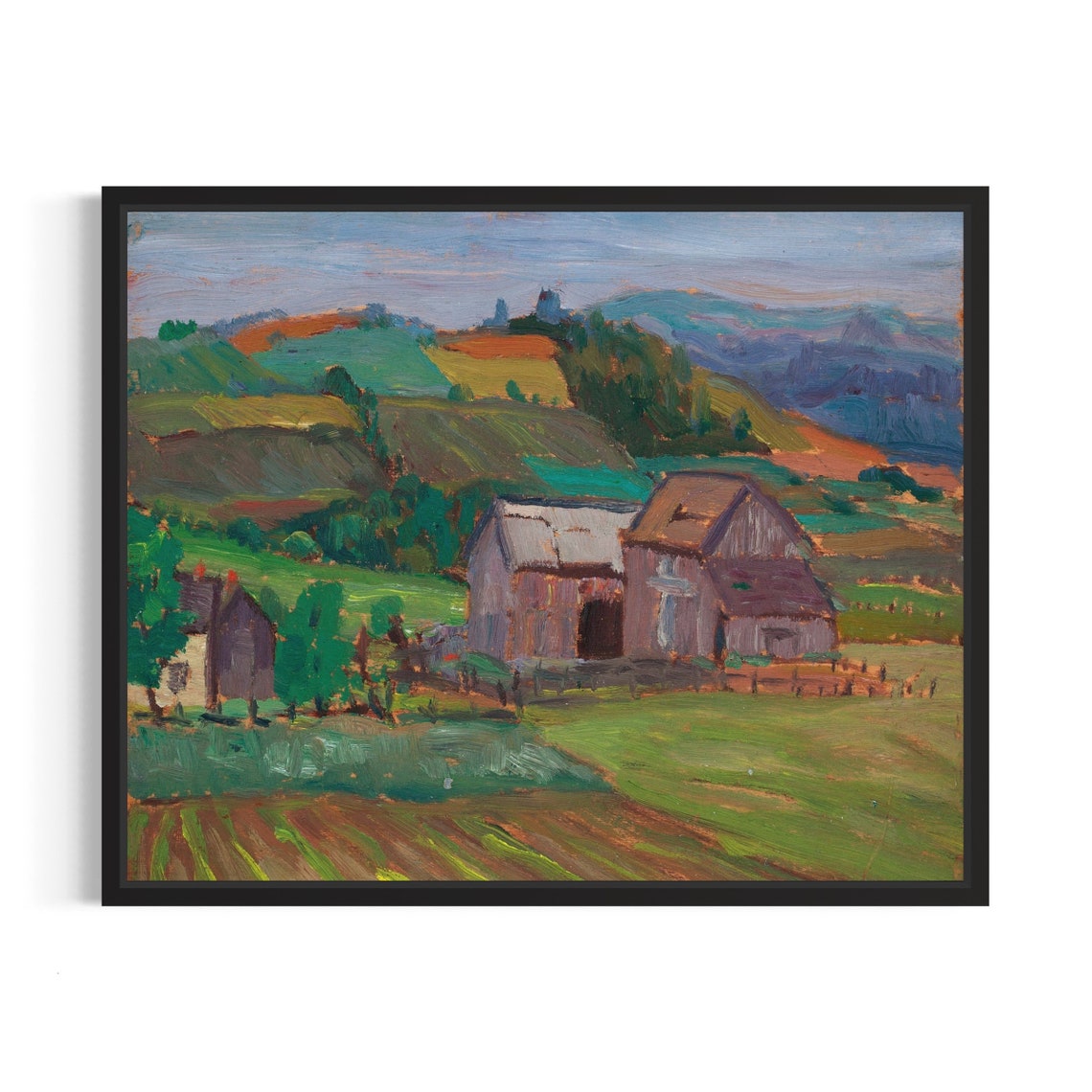 Red Barn In Patchwork Hills Impressionist Landscape Art Poster