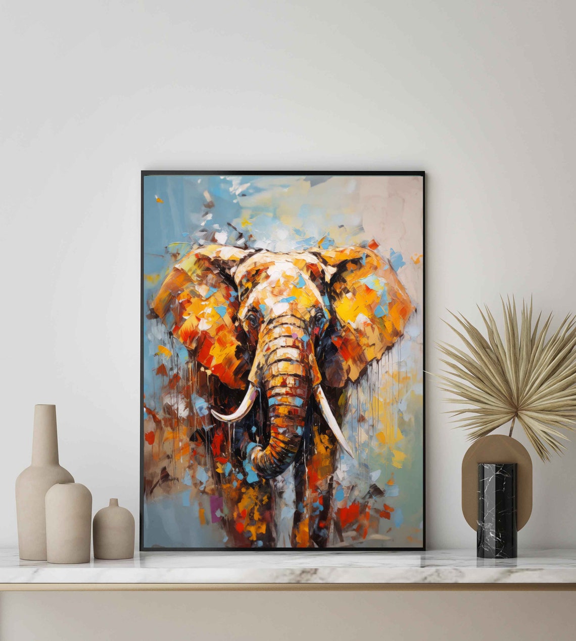 African Elephant Head Portrait Golden Palette Knife Art Poster - Image 2