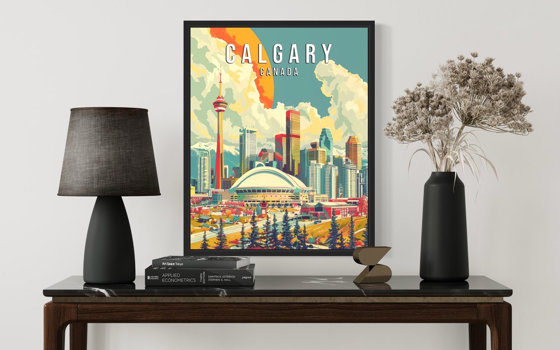 Calgary Canada Downtown Skyline at Sunrise Retro Travel Poster - Image 2