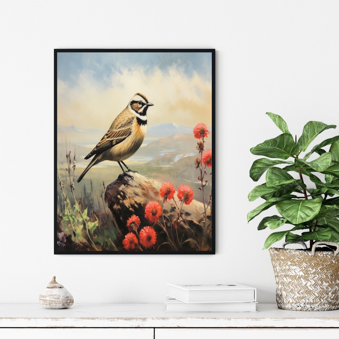 Horned Lark Perched on a Rock With Red Wildflowers Vintage Poster - Image 2