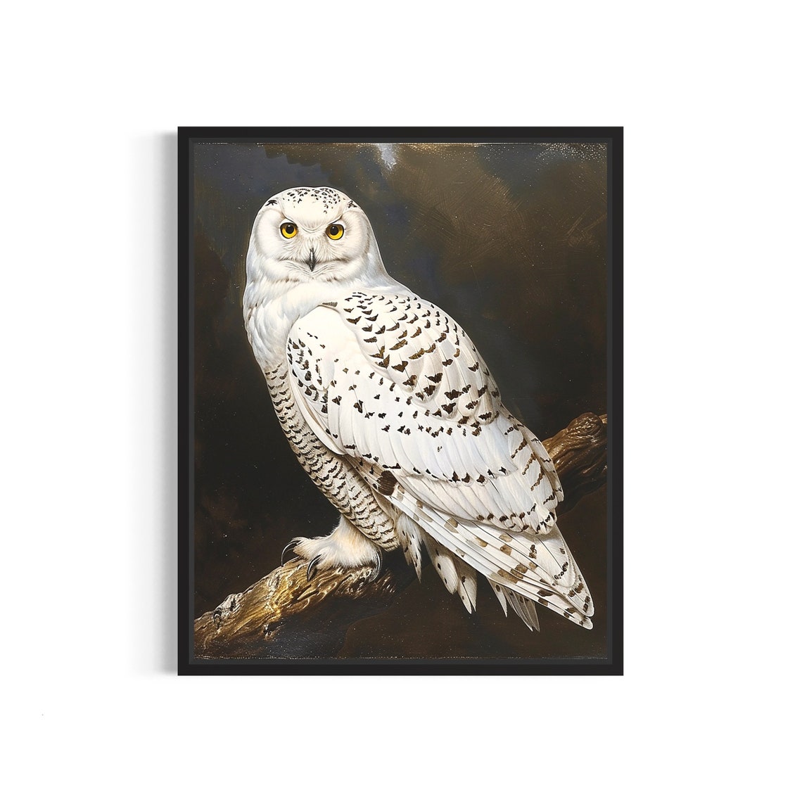 Vintage Snowy Owl Perched On Branch Night Wildlife Art Poster