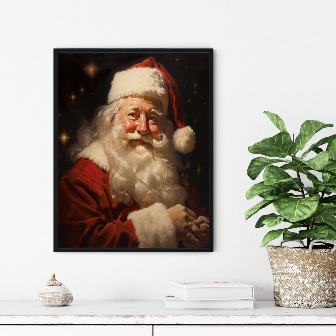 Classic Santa Claus Portrait Starry Night Warm Glow Holiday Wall Art - Image 3