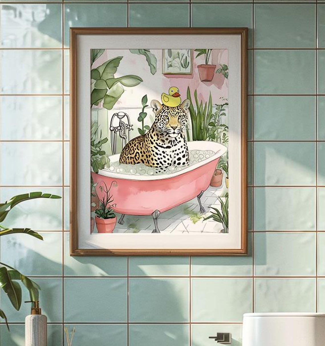 Leopard Relaxing In Pink Bathtub With Rubber Duck Watercolor Poster - Image 3