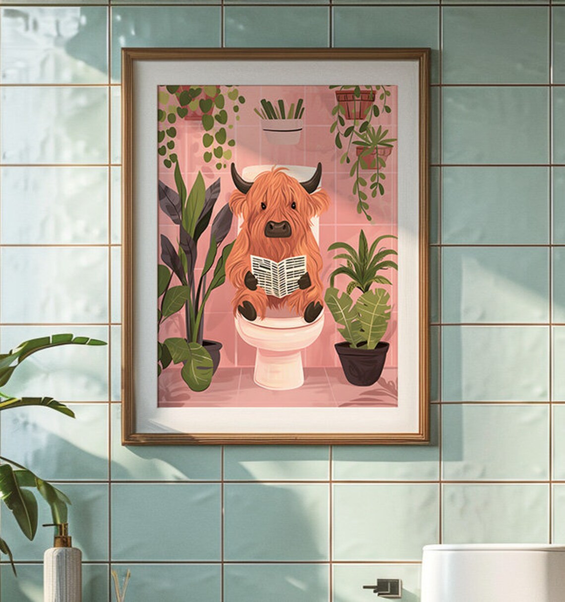 Vintage Highland Cow Reading Newspaper, Bathroom Poster - Image 3