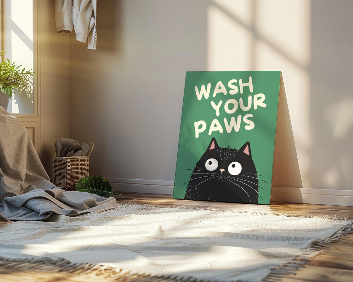 Black Cat Wash Your Paws Bathroom Vintage Poster - Image 2