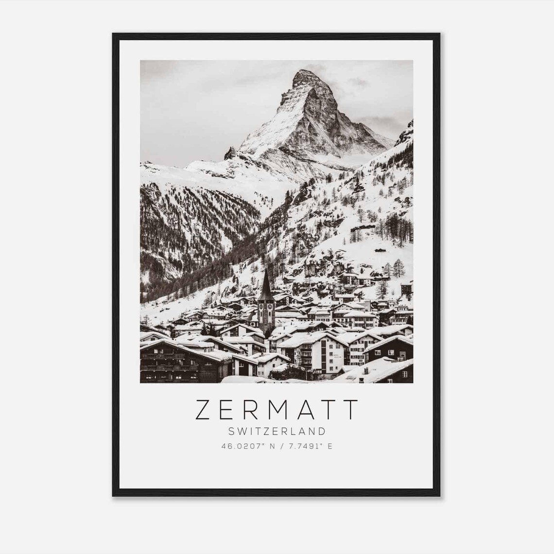 Zermatt Switzerland Snowy Matterhorn Peak Black White Photo Poster