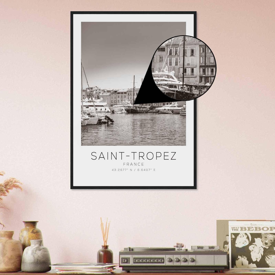 Saint Tropez France Harbor Yachts Black and White Travel Poster - Image 4