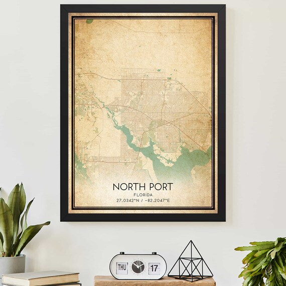 Vintage North Port Florida Coastal City Map Poster With Coordinates