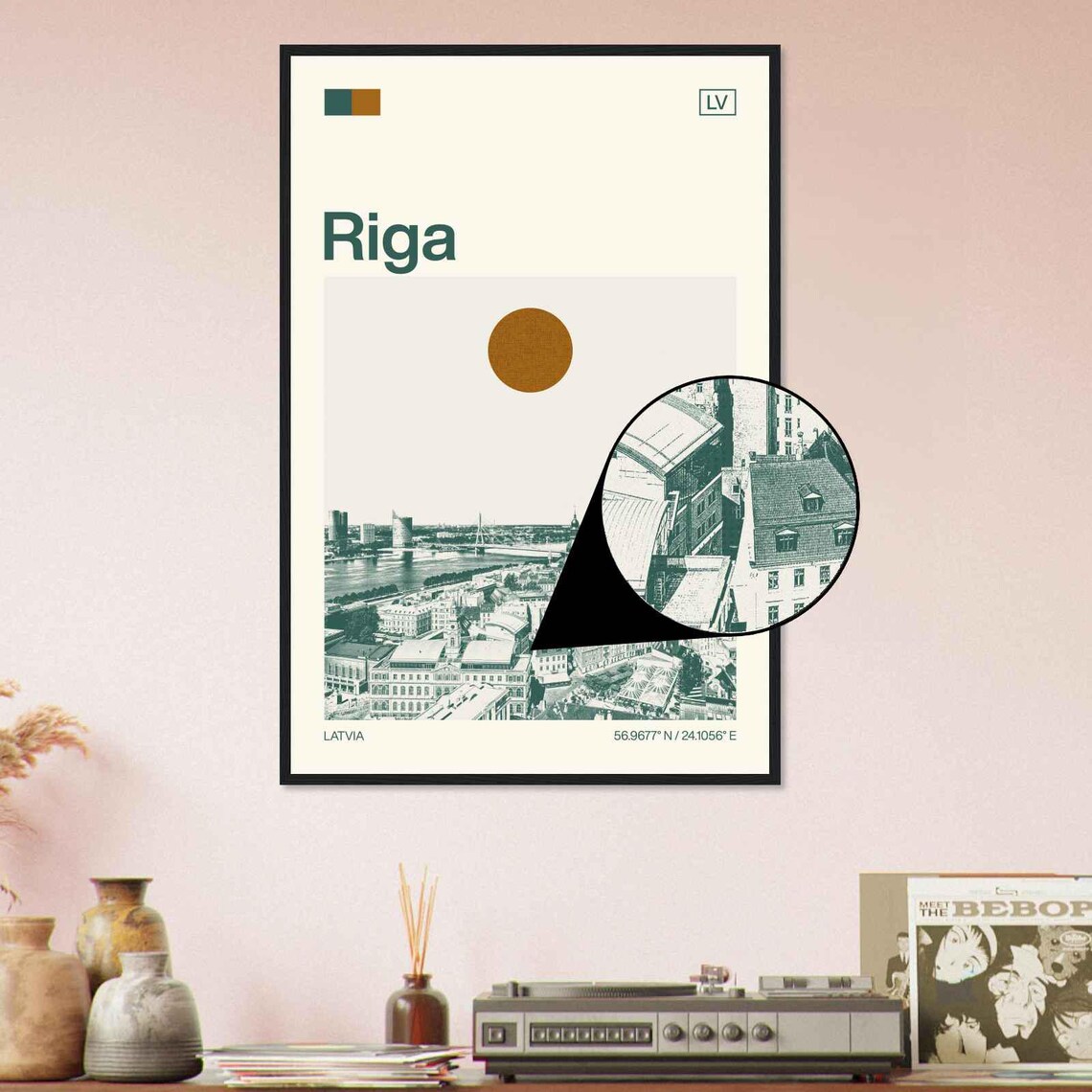 Riga Latvia Old Town River Bridges Skyline Sun Duotone Travel Poster - Image 4