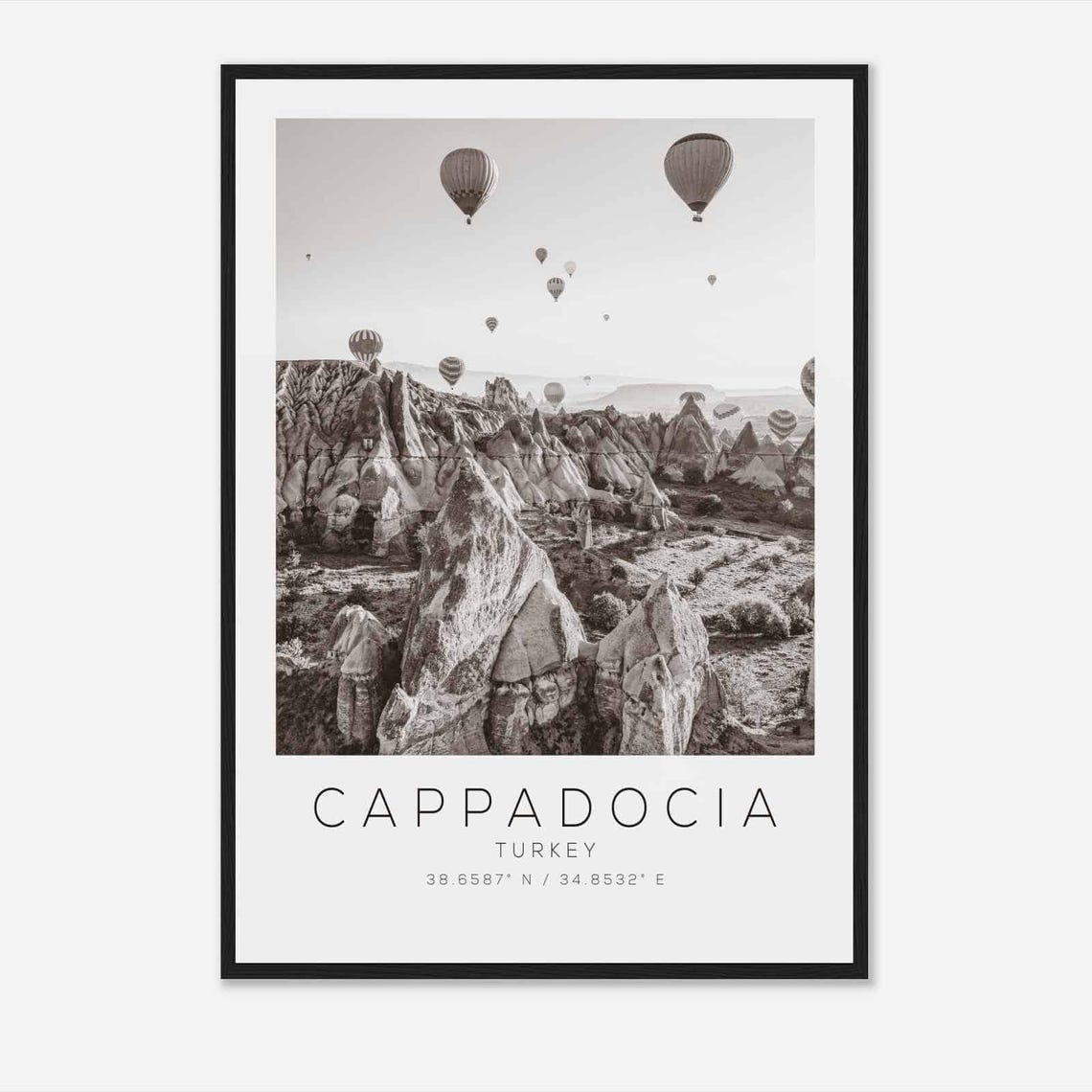 Cappadocia Turkey Balloon Filled Sky Rock Valley Black White Poster