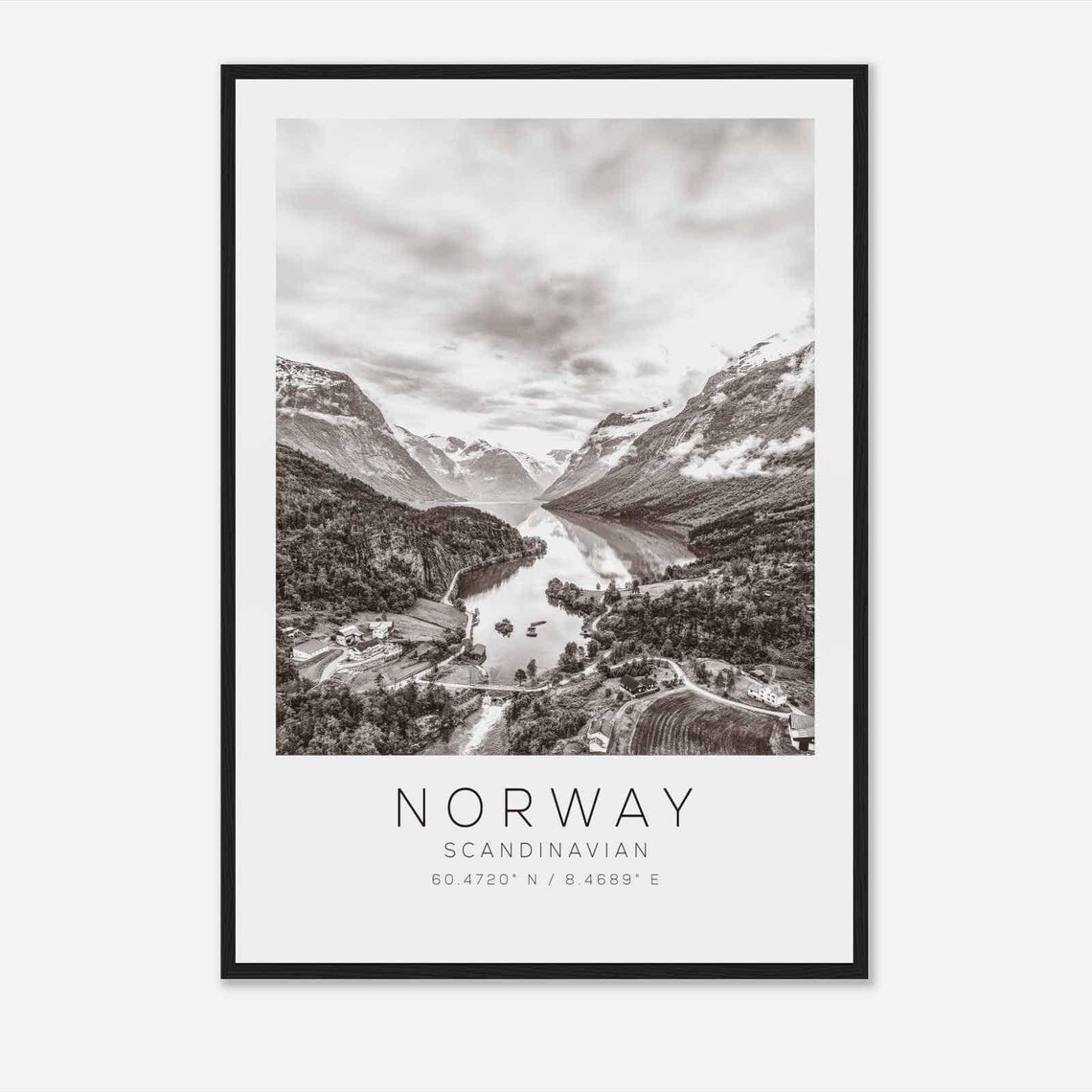 Norway Scandinavian Fjord Valley Aerial Black White Photo Poster