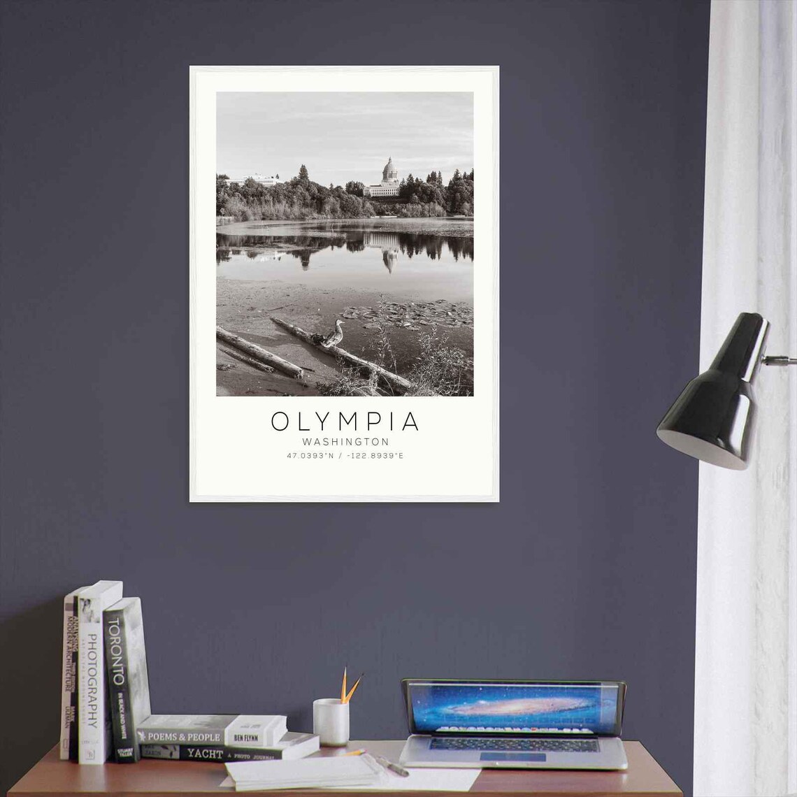 Olympia Washington Capitol Lake Reflection Black and White Poster - Image 3