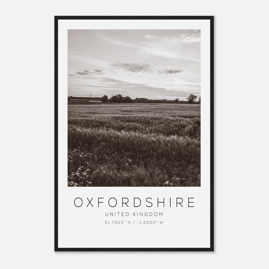 Oxfordshire Wheat Field Countryside Black White Photo Poster