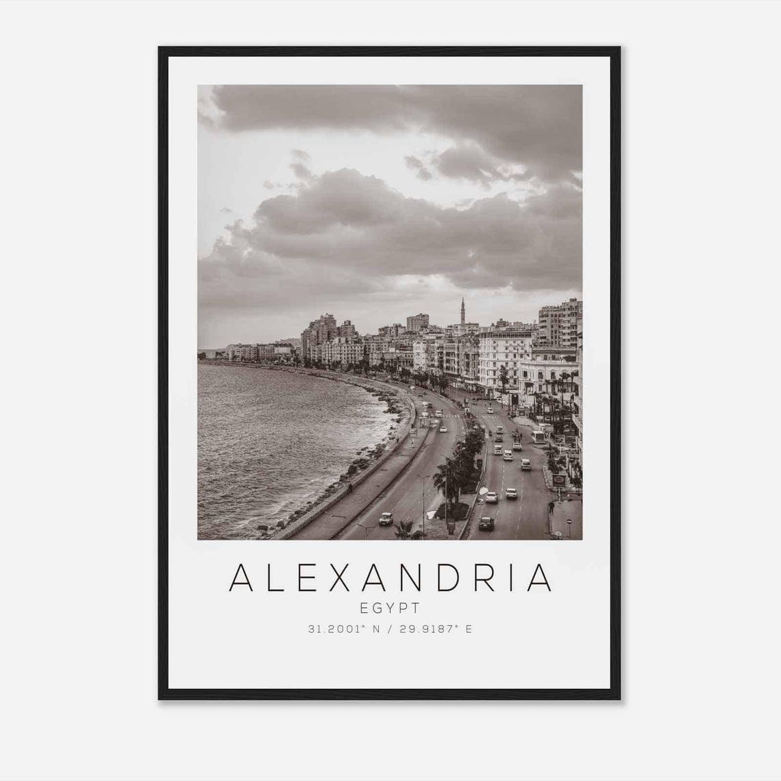 Alexandria Egypt Black White Corniche Waterfront Promenade Poster