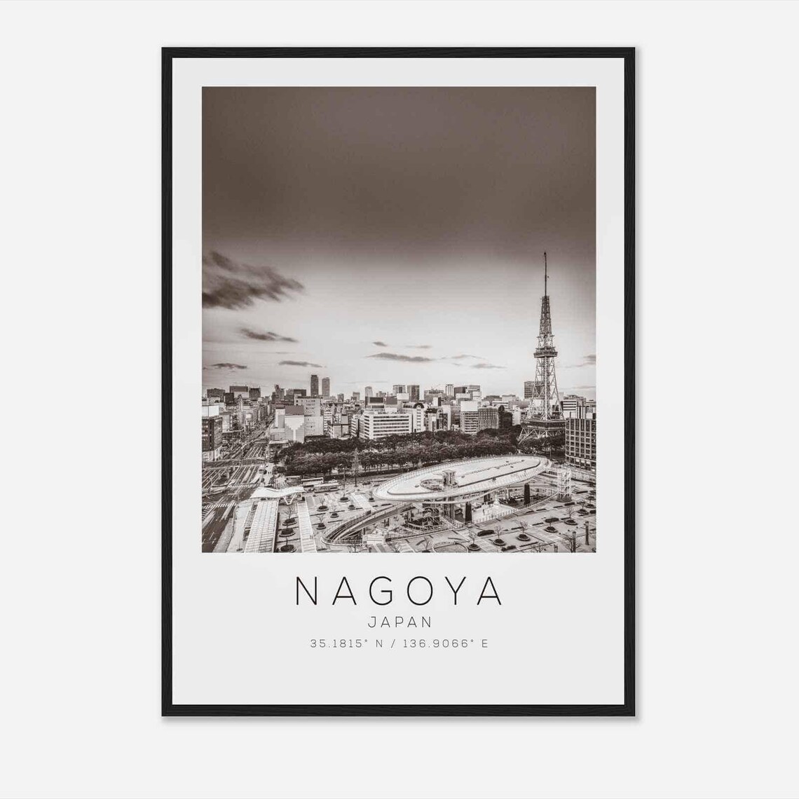 Nagoya Japan TV Tower Cityscape Black and White Photo Poster