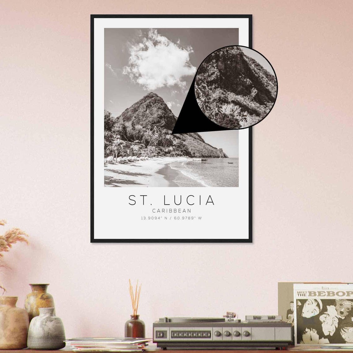 St Lucia Caribbean Piton Peak Beach Palms Black and White Photo Poster - Image 4