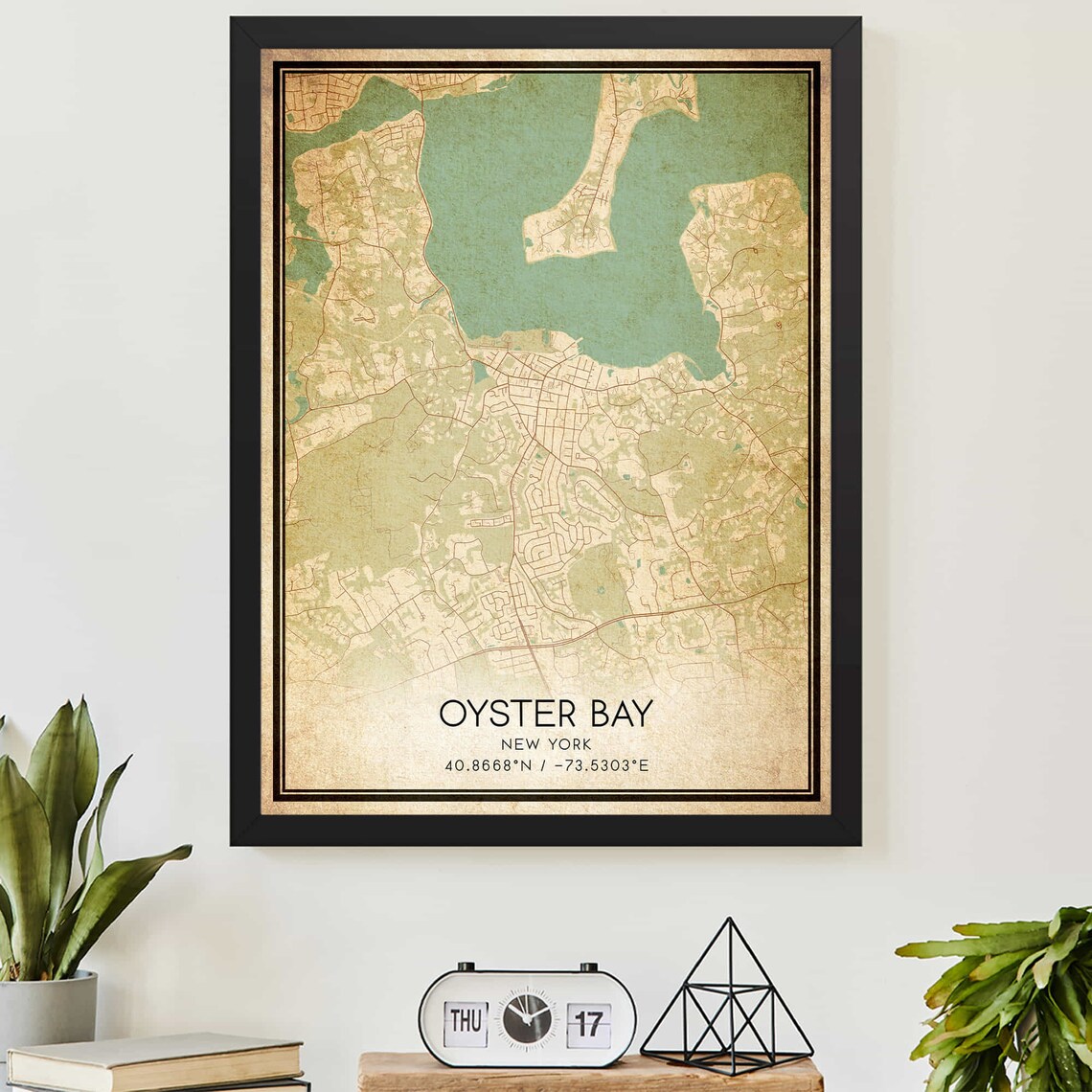 Vintage Oyster Bay New York Detailed City Street Map Art Poster