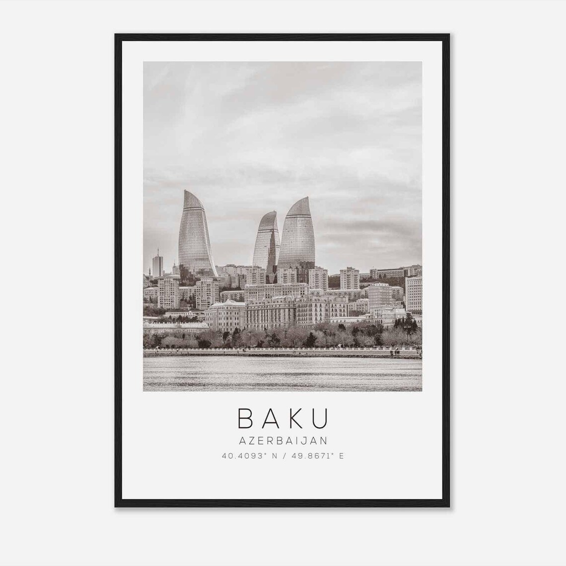 Baku Azerbaijan Flame Towers Waterfront Black White Minimalist Poster