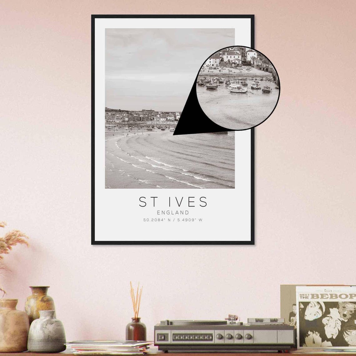 St Ives England Beach Harbor Lighthouse Black and White Photo Poster - Image 4