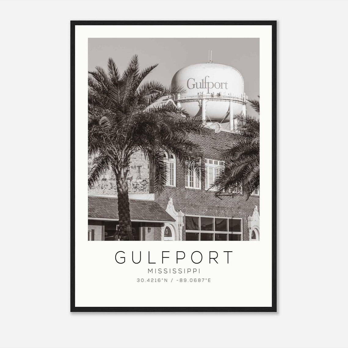 Gulfport Mississippi Water Tower Palms Black White Photo Poster