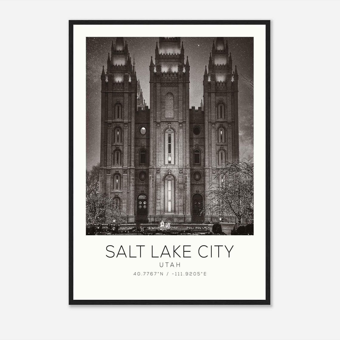 Salt Lake City Utah Temple At Night Dramatic Monochrome Poster